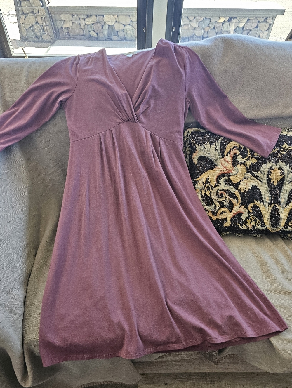 Garnet Hill Plum Cotton Rich V-Neck Long Sleeve Knit Midi Dress Size Small